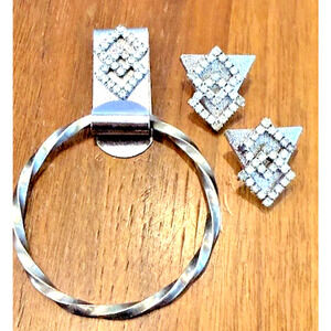 Vintage RHINESTONE SILVER Western COLLAR Tips Clips Towel Ring Holder 3 pc SET